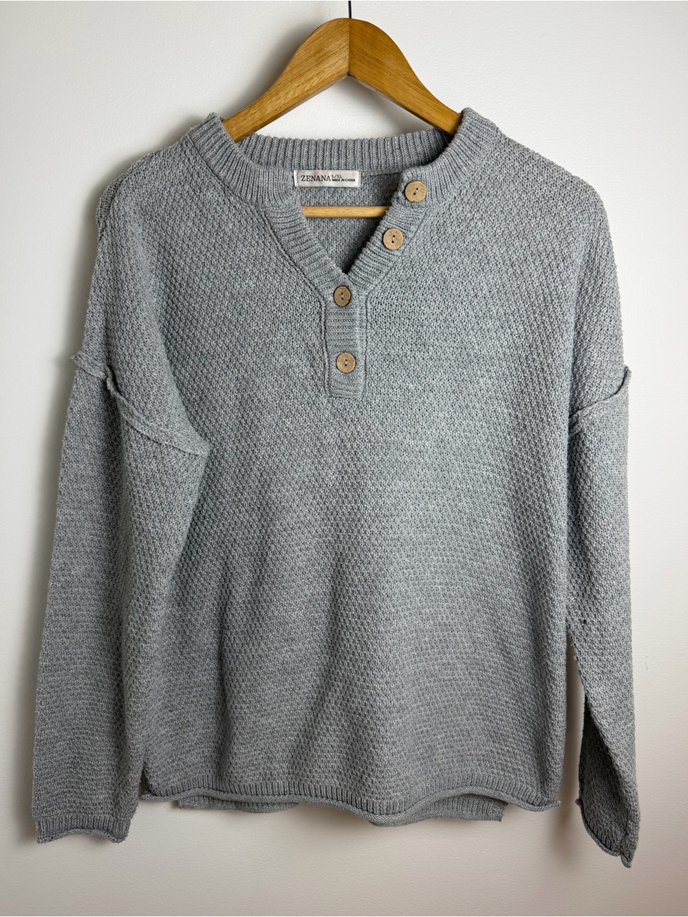 Zenana Grey Button Neck Knit Sweater L/XL